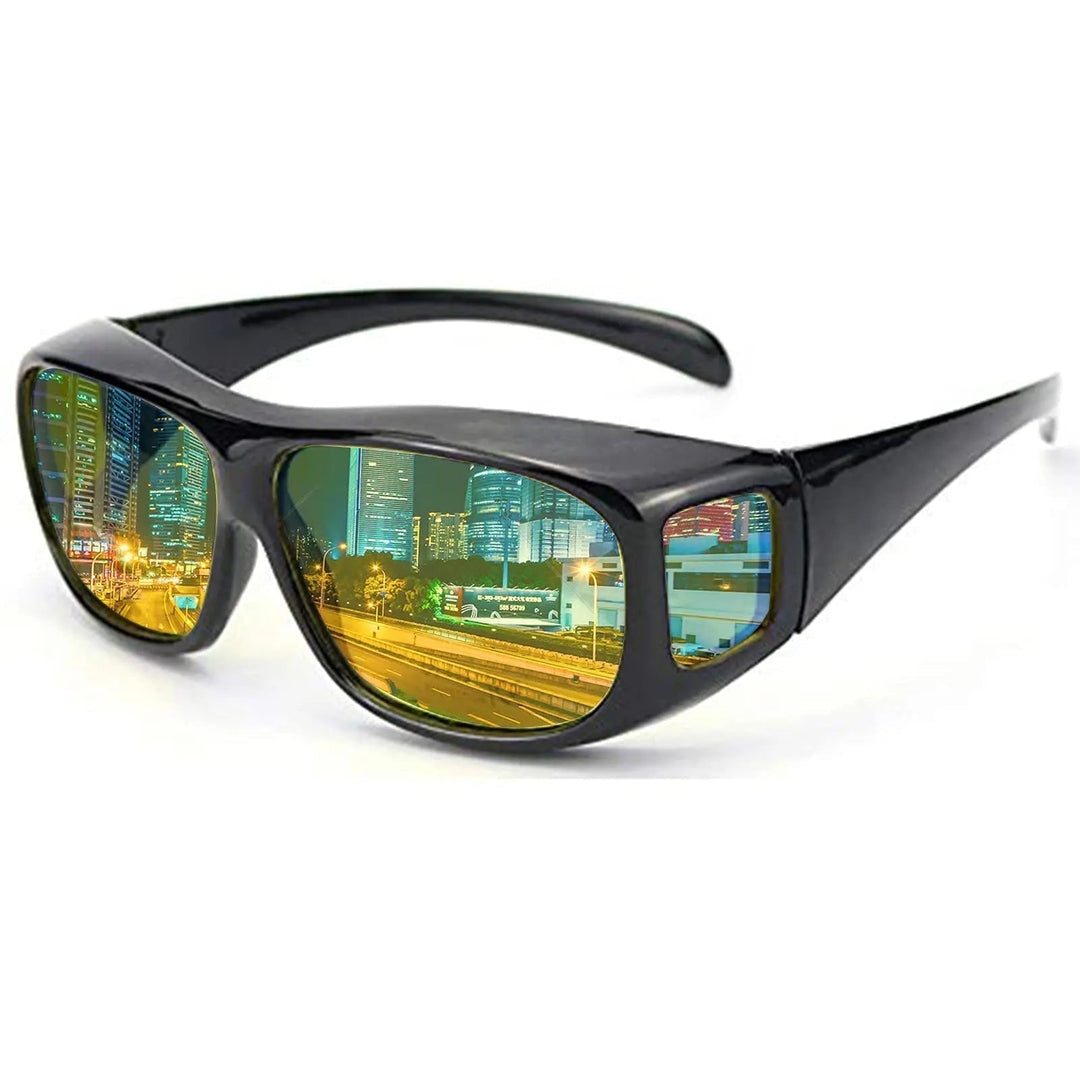 Night Driving Glasses with Yellow Polarized Wraparound Lenses and Storage Case, Worn Over Prescription Glasses