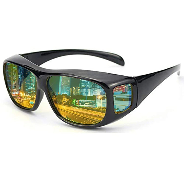Night Driving Glasses with Yellow Polarized Wraparound Lenses and Storage Case, Worn Over Prescription Glasses