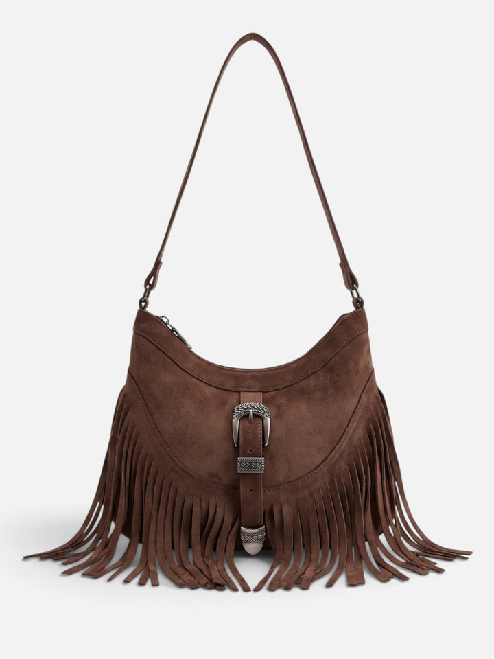 Women's Faux Suede Fringe Shoulder Bag with Buckle