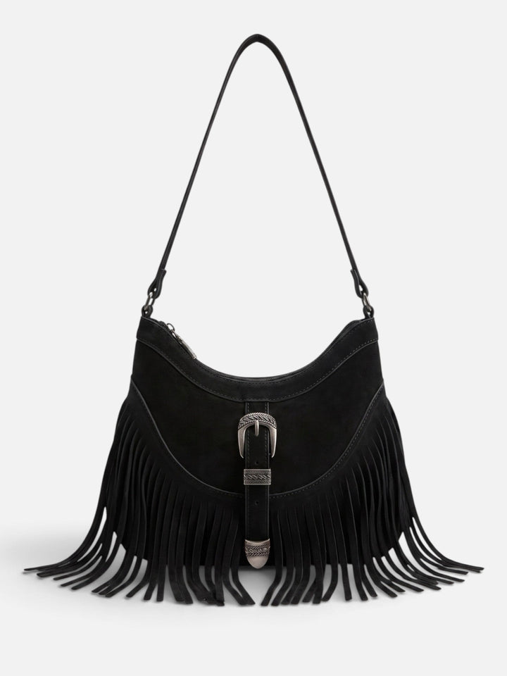 Women's Faux Suede Fringe Shoulder Bag with Buckle