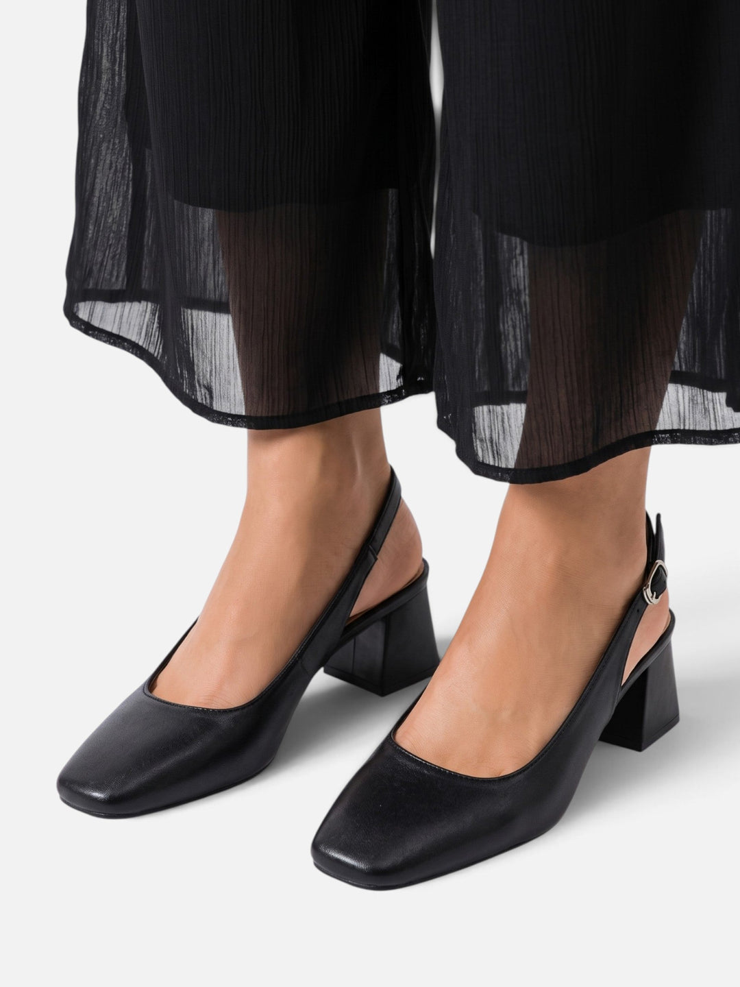 Women's Leather Square-Toe Slingback Court Shoes with Block Heel