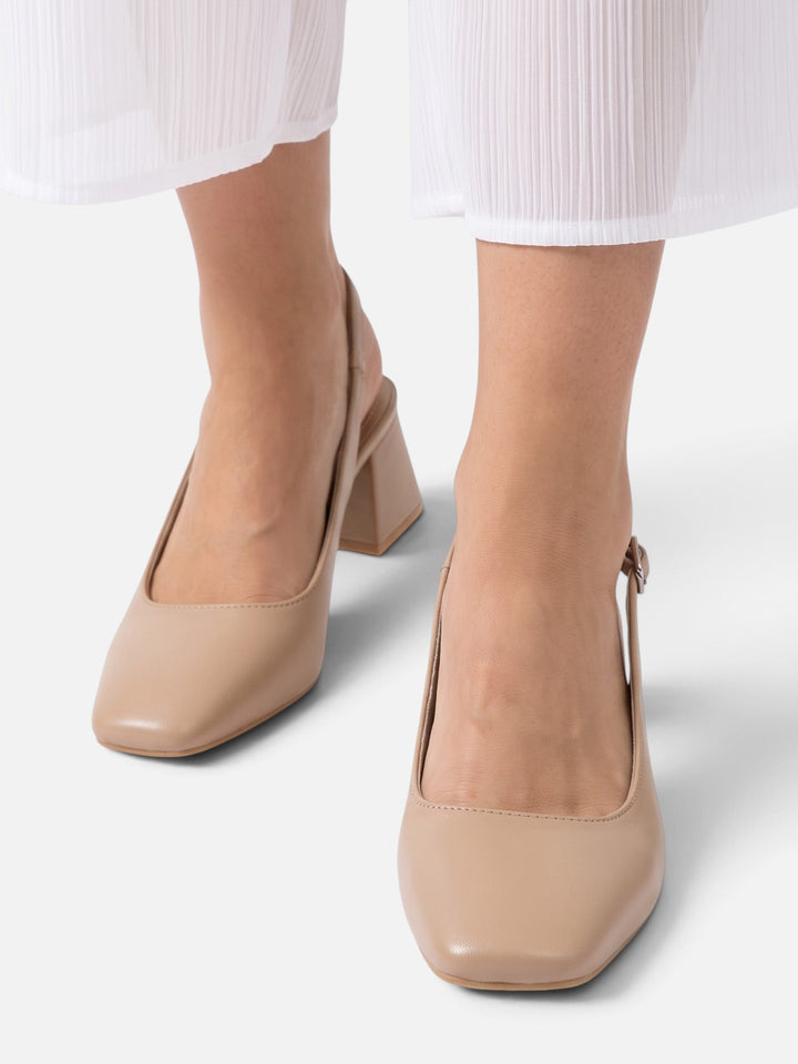 Women's Leather Square-Toe Slingback Court Shoes with Block Heel