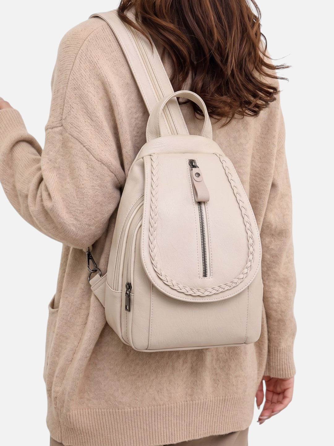 Women's Woven Leather Mini Backpack with Shoulder Strap