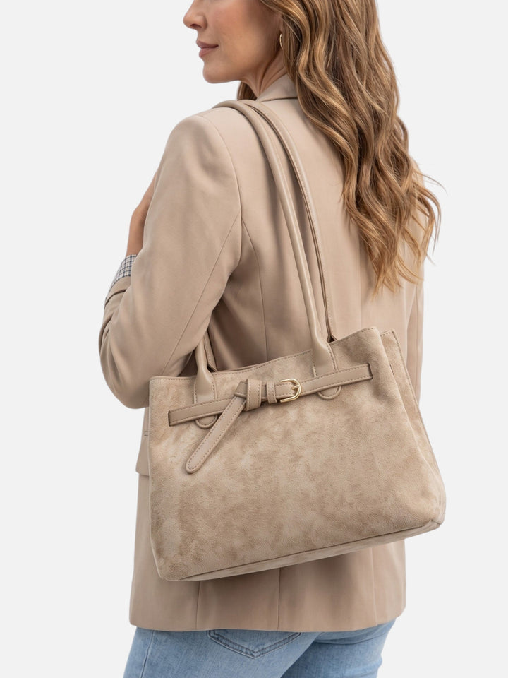 Women's Suede Tote Bag with Handles and Buckle