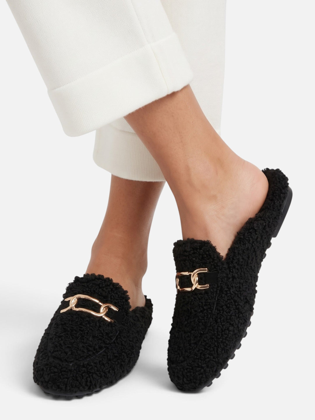 Women's Sherpa Loafer Mules with Chain