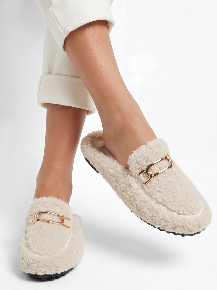 Women's Sherpa Loafer Mules with Chain