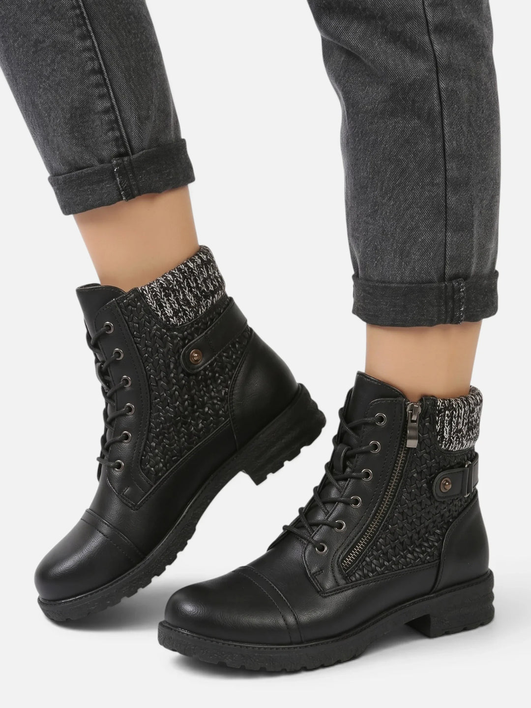 Women's Leather Combat Ankle Boots with Knit Panel