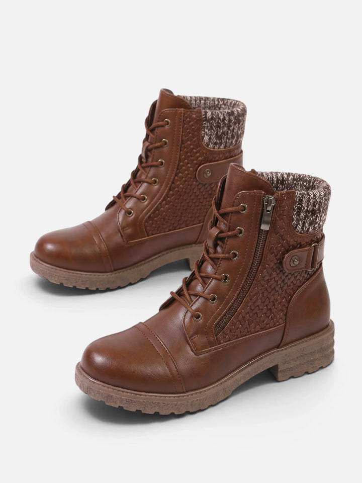 Women's Leather Combat Ankle Boots with Knit Panel