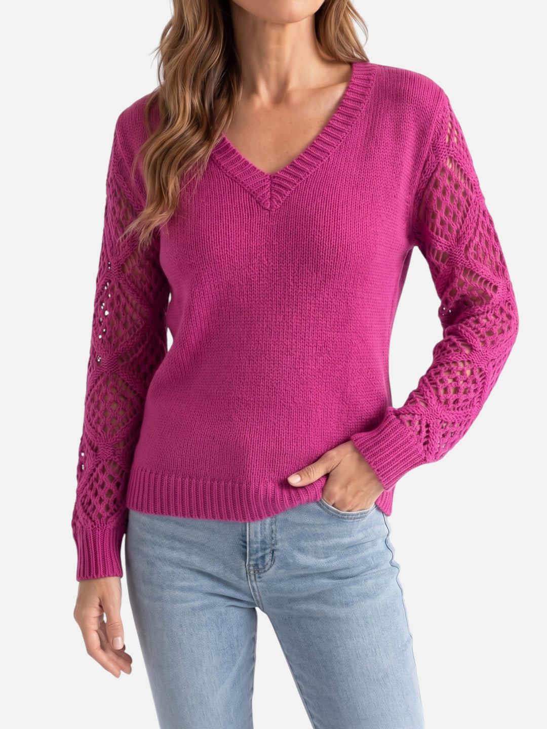 Women's V-Neck Jumper with Crochet-Style Knit