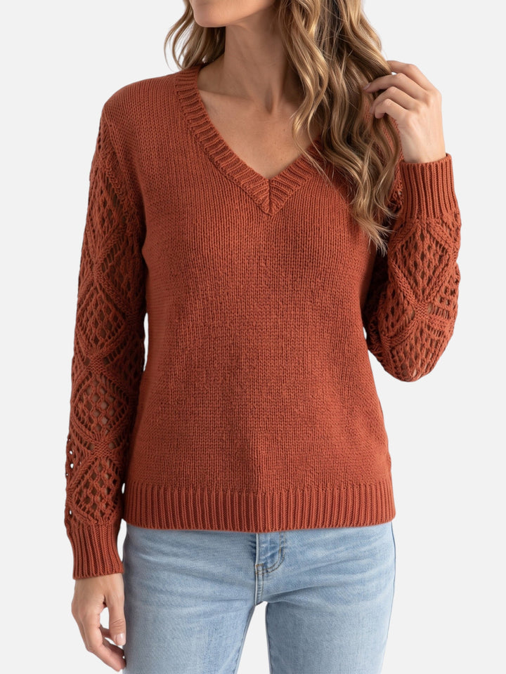 Women's V-Neck Jumper with Crochet-Style Knit