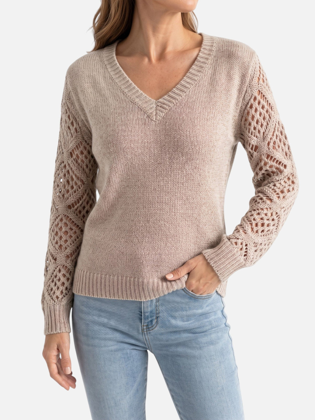 Women's V-Neck Jumper with Crochet-Style Knit