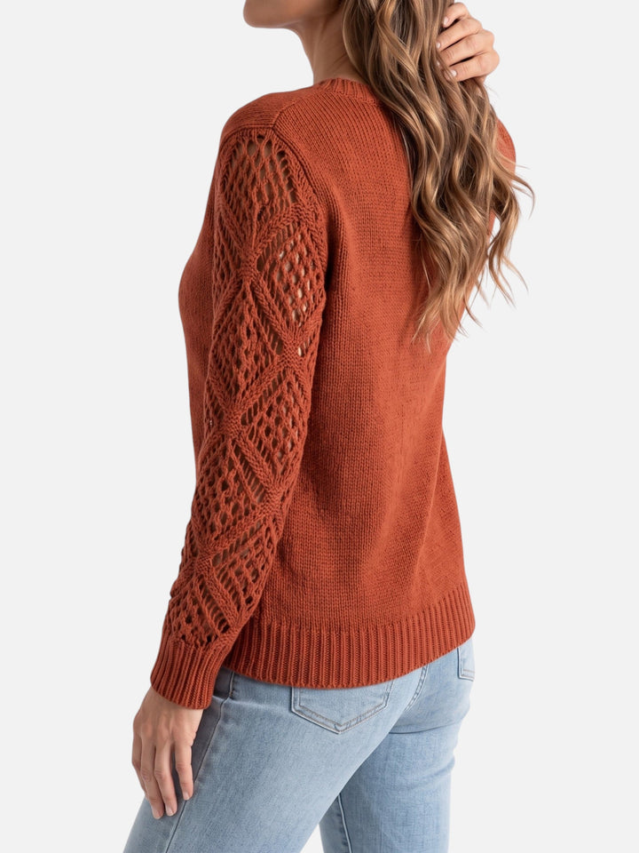 Women's V-Neck Jumper with Crochet-Style Knit