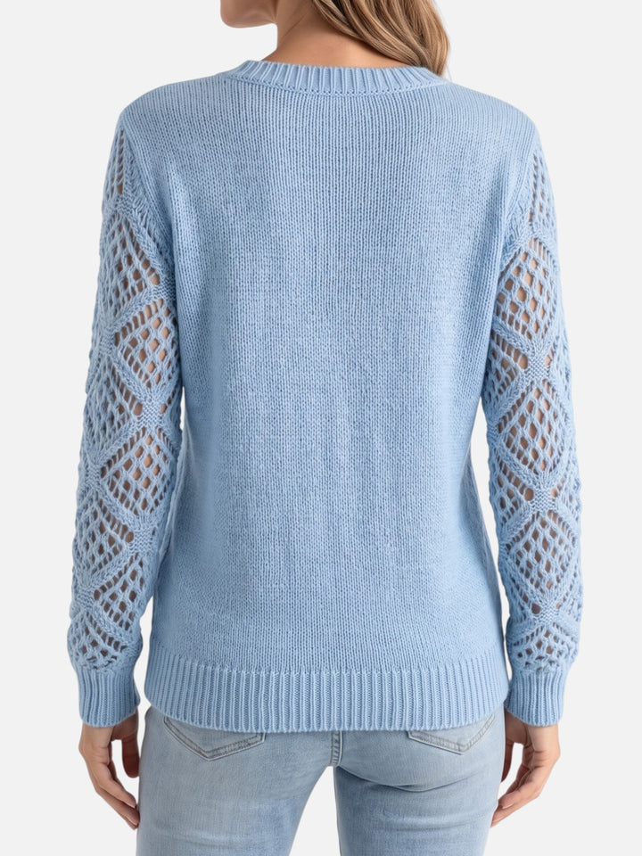 Women's V-Neck Jumper with Crochet-Style Knit