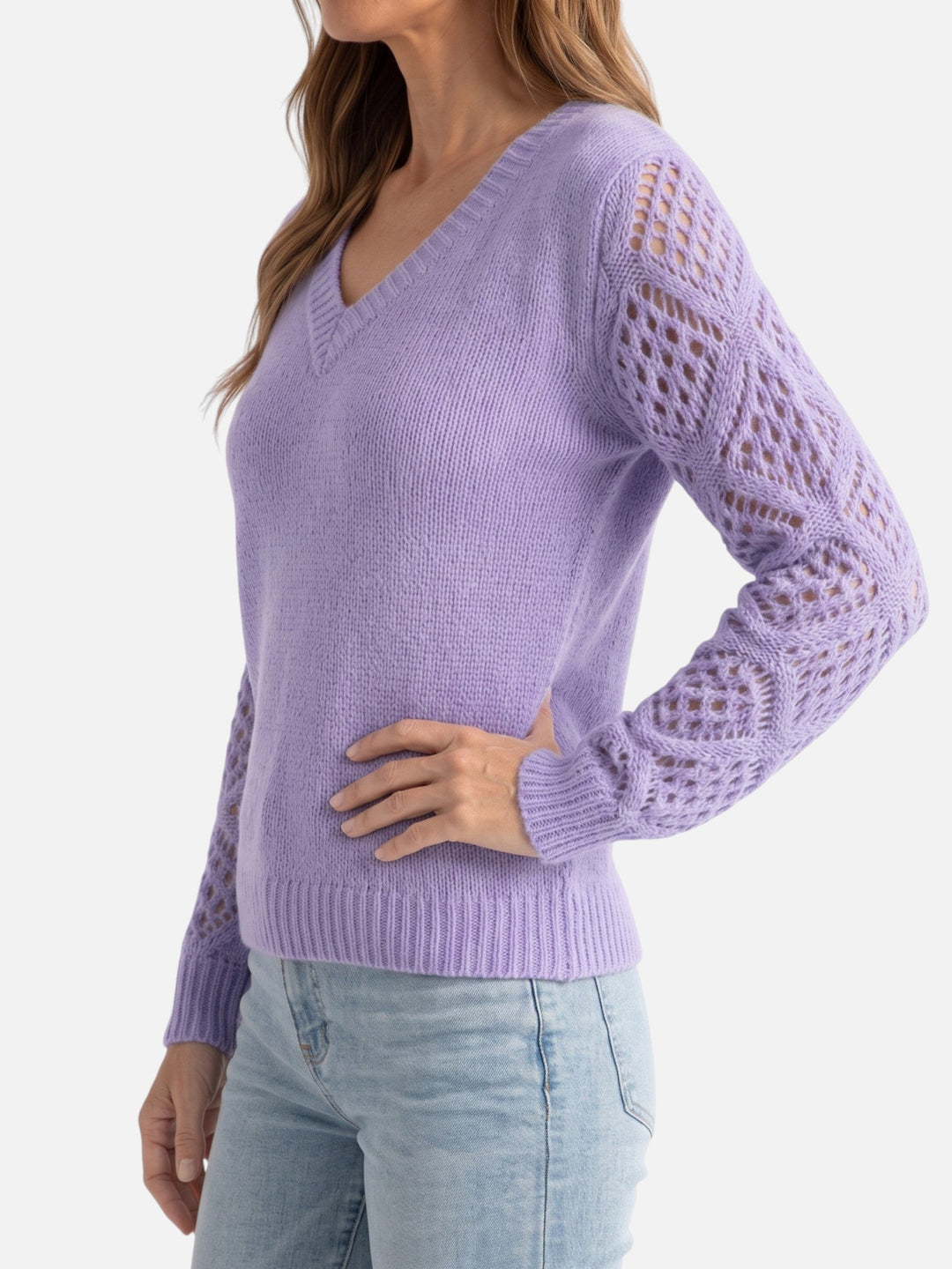 Women's V-Neck Jumper with Crochet-Style Knit