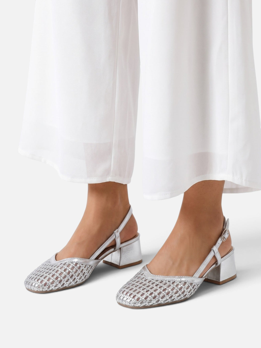 Women's Woven Slingback Court Shoes with Block Heel