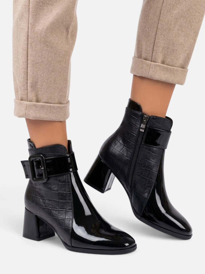 Women's Patent Croc-Effect Ankle Boots with Buckle