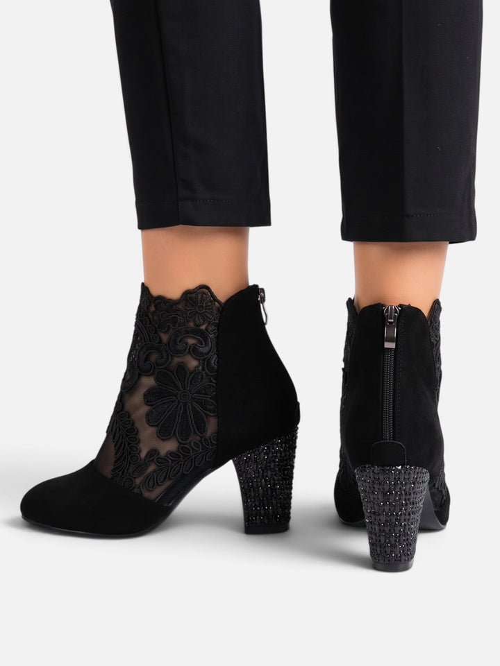 Women's Lace Ankle Boots with Rhinestone Heel