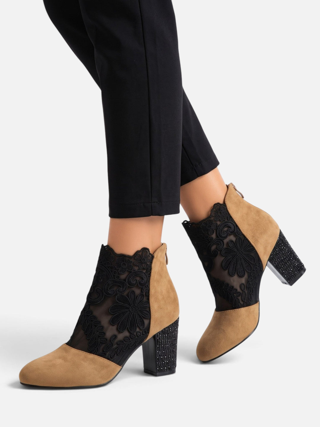 Women's Lace Ankle Boots with Rhinestone Heel