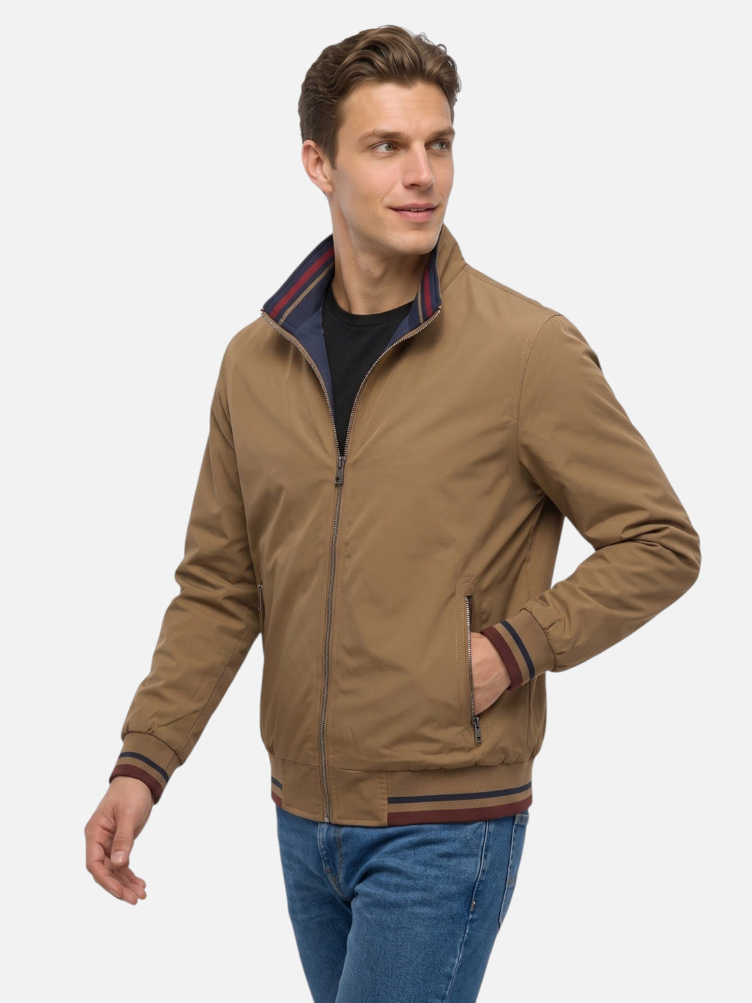 Men's Zip-Up Harrington Jacket with Stripes