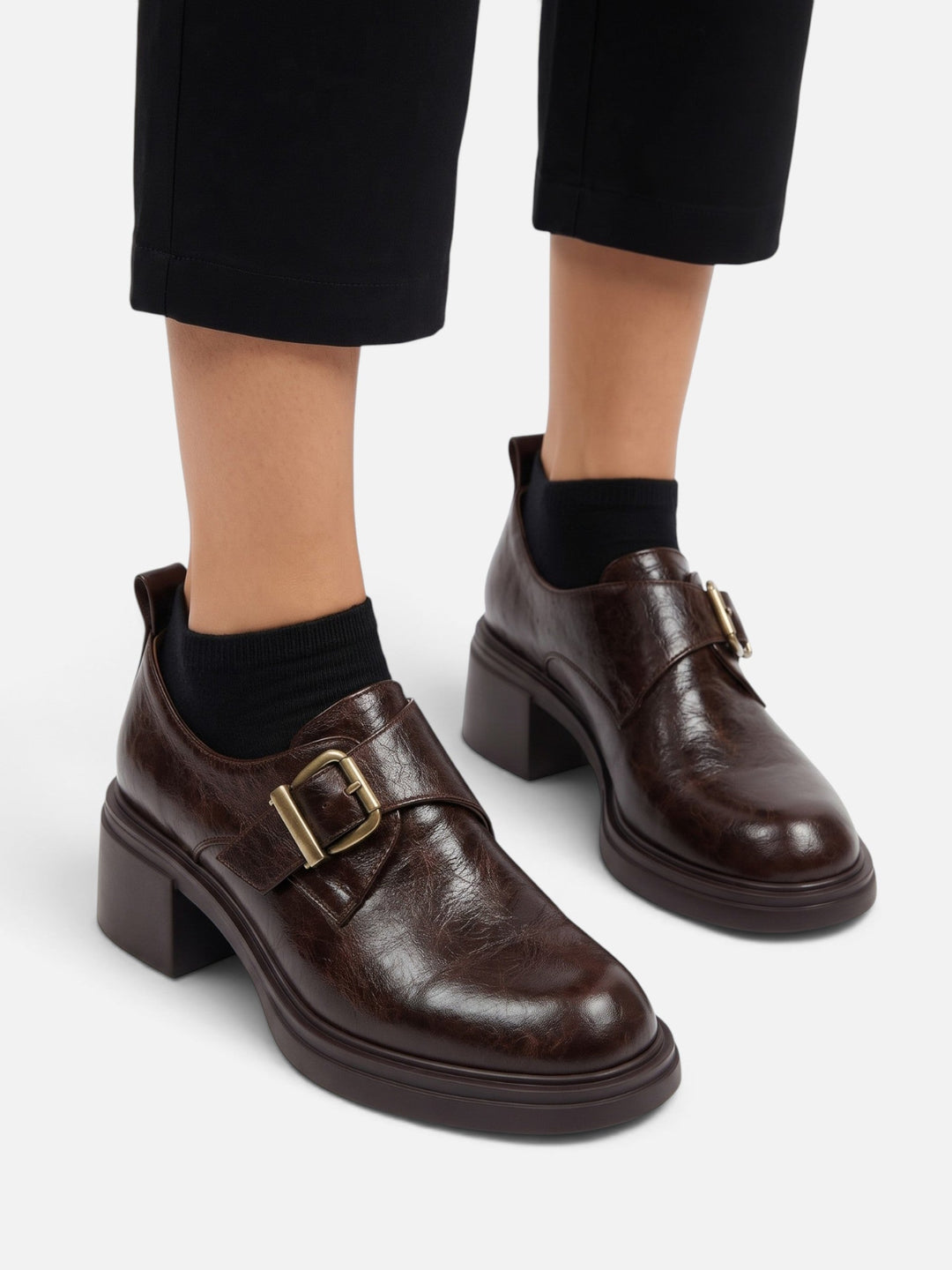 Women's Leather Buckle Loafers with Block Heel