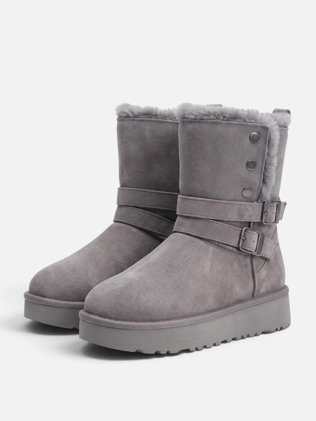Women's Faux Suede Ankle Boots with Faux Fur and Buckles
