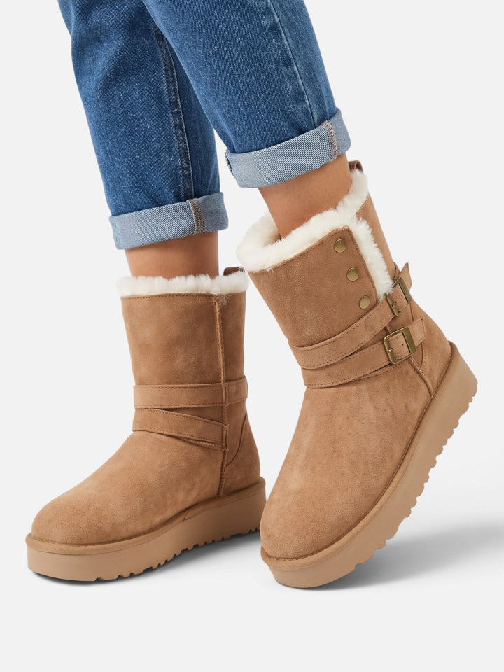 Women's Faux Suede Ankle Boots with Faux Fur and Buckles