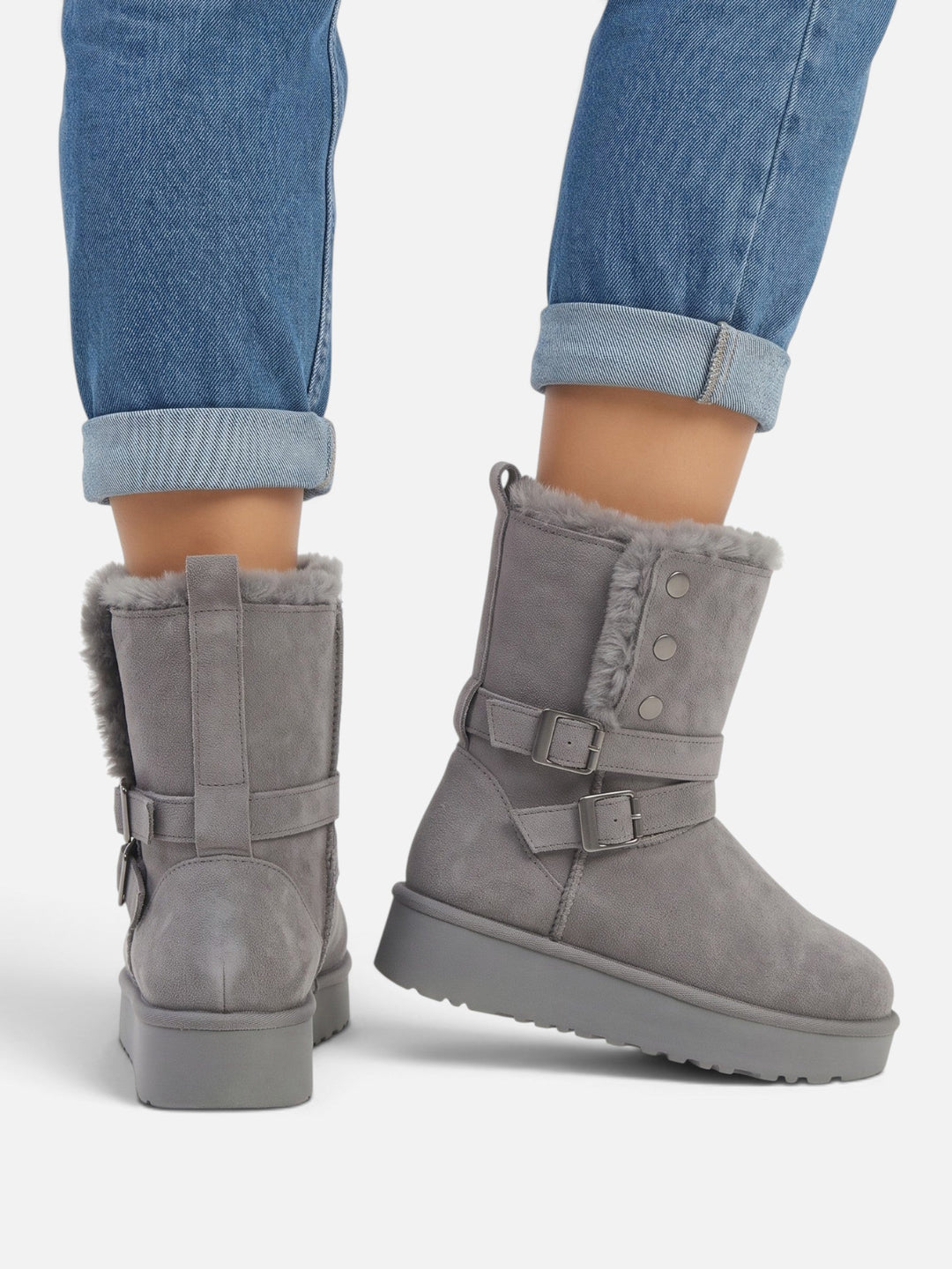 Women's Faux Suede Ankle Boots with Faux Fur and Buckles