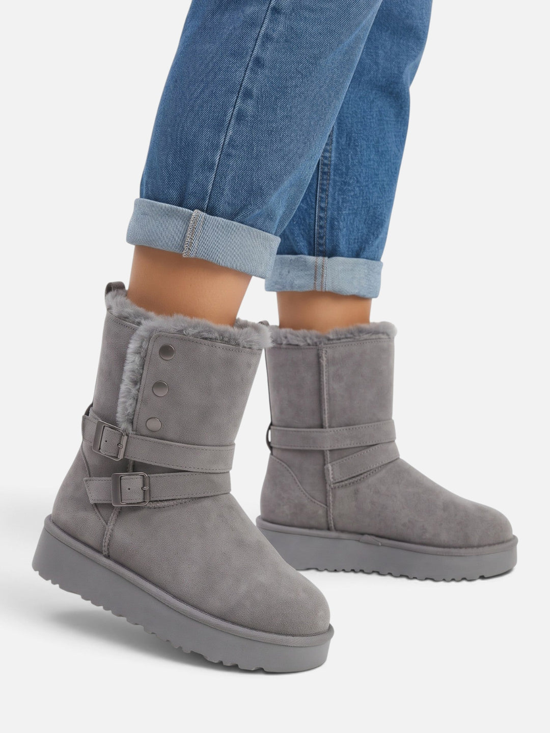 Women's Faux Suede Ankle Boots with Faux Fur and Buckles