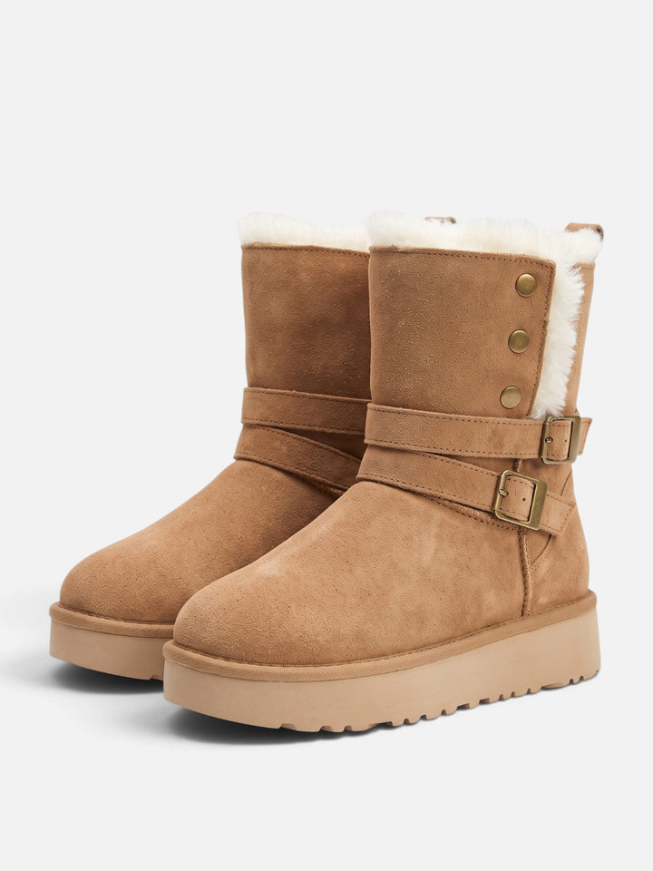 Women's Faux Suede Ankle Boots with Faux Fur and Buckles