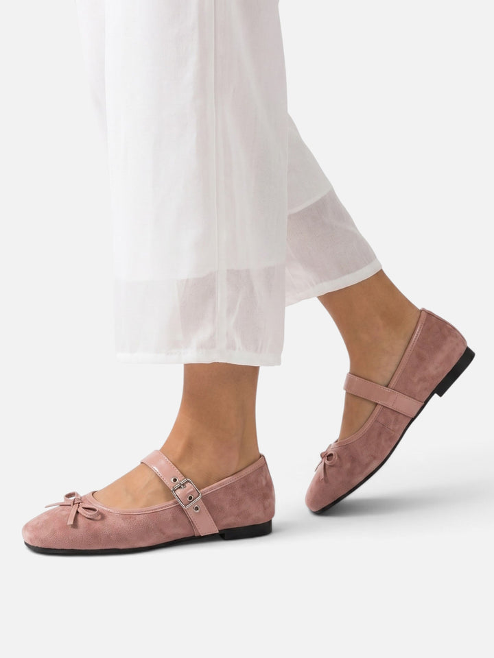 Women's Suede Mary Jane Ballet Flats with Bow and Buckle