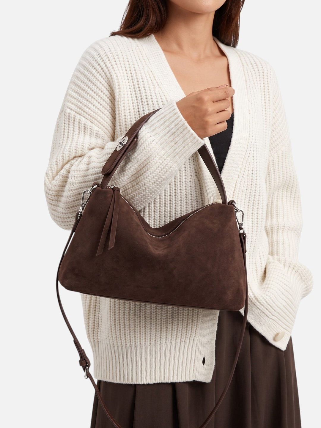 Women's Zip-Top Faux Suede Shoulder Bag