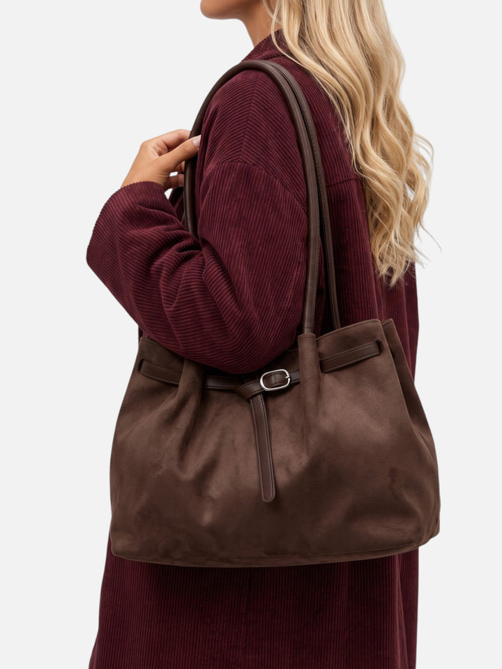 Women's Faux Suede Shoulder Tote Bag with Buckle Belt