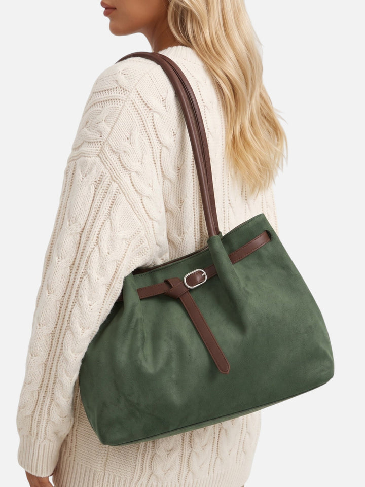 Women's Faux Suede Shoulder Tote Bag with Buckle Belt