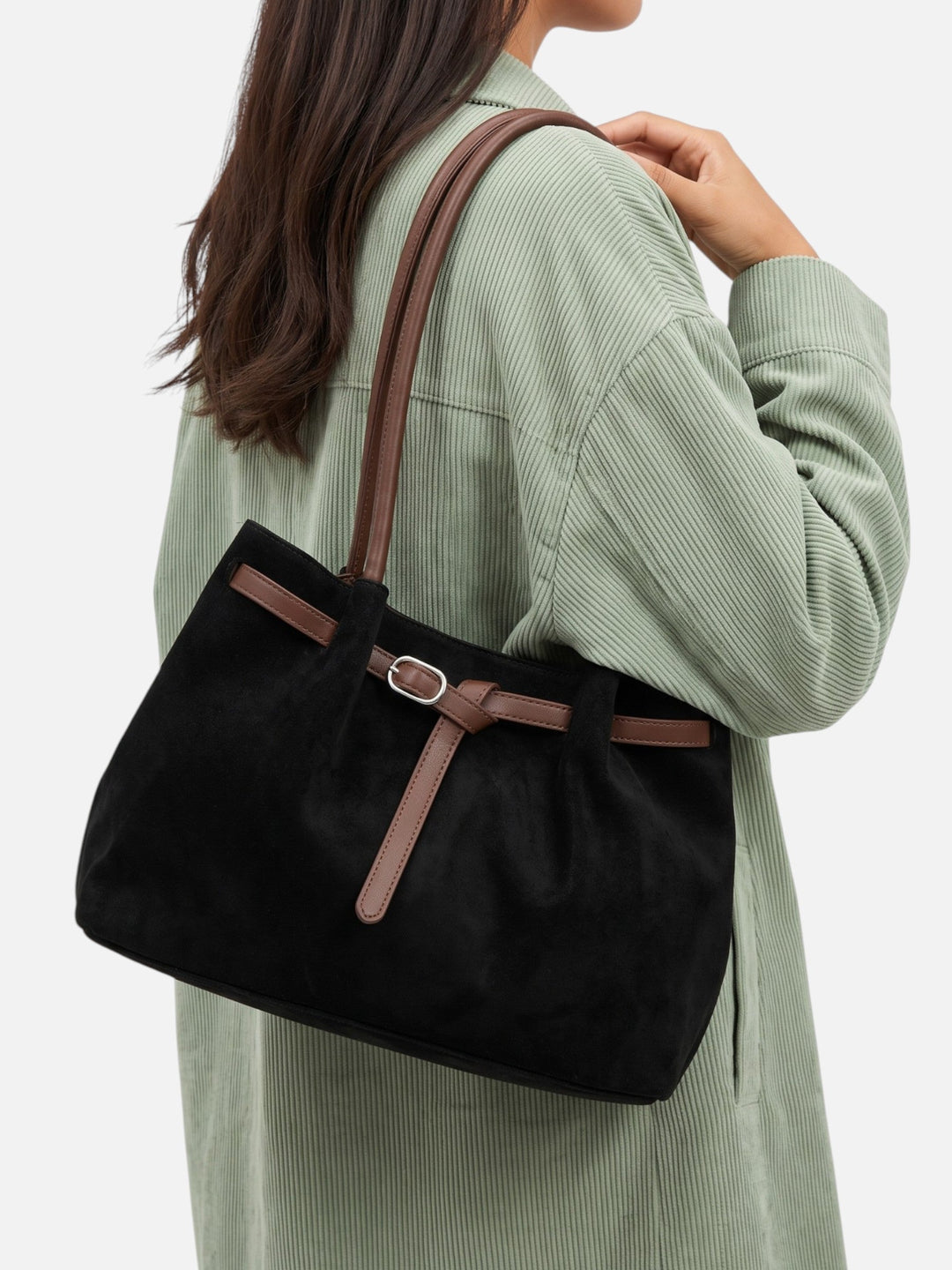 Women's Faux Suede Shoulder Tote Bag with Buckle Belt