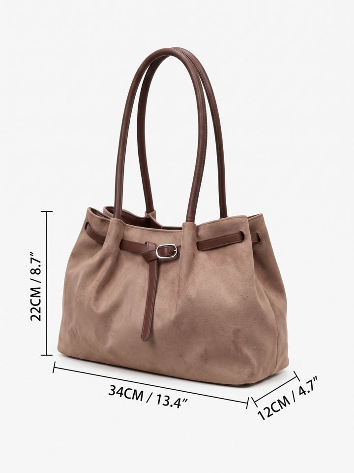 Women's Faux Suede Shoulder Tote Bag with Buckle Belt