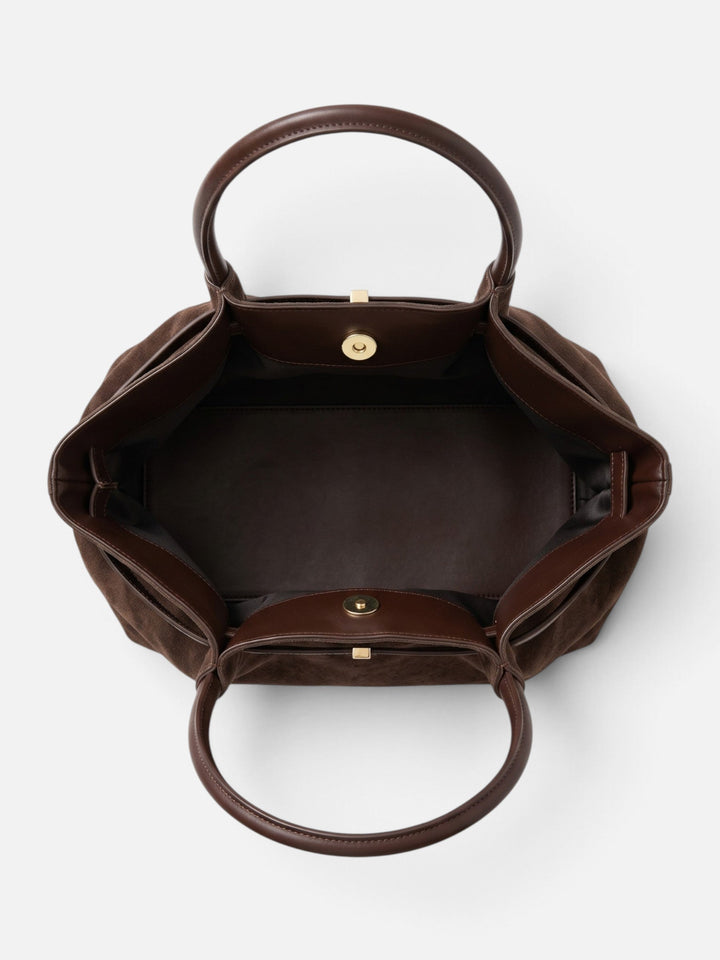 Women's Faux Suede Shoulder Tote Bag with Belt Detail