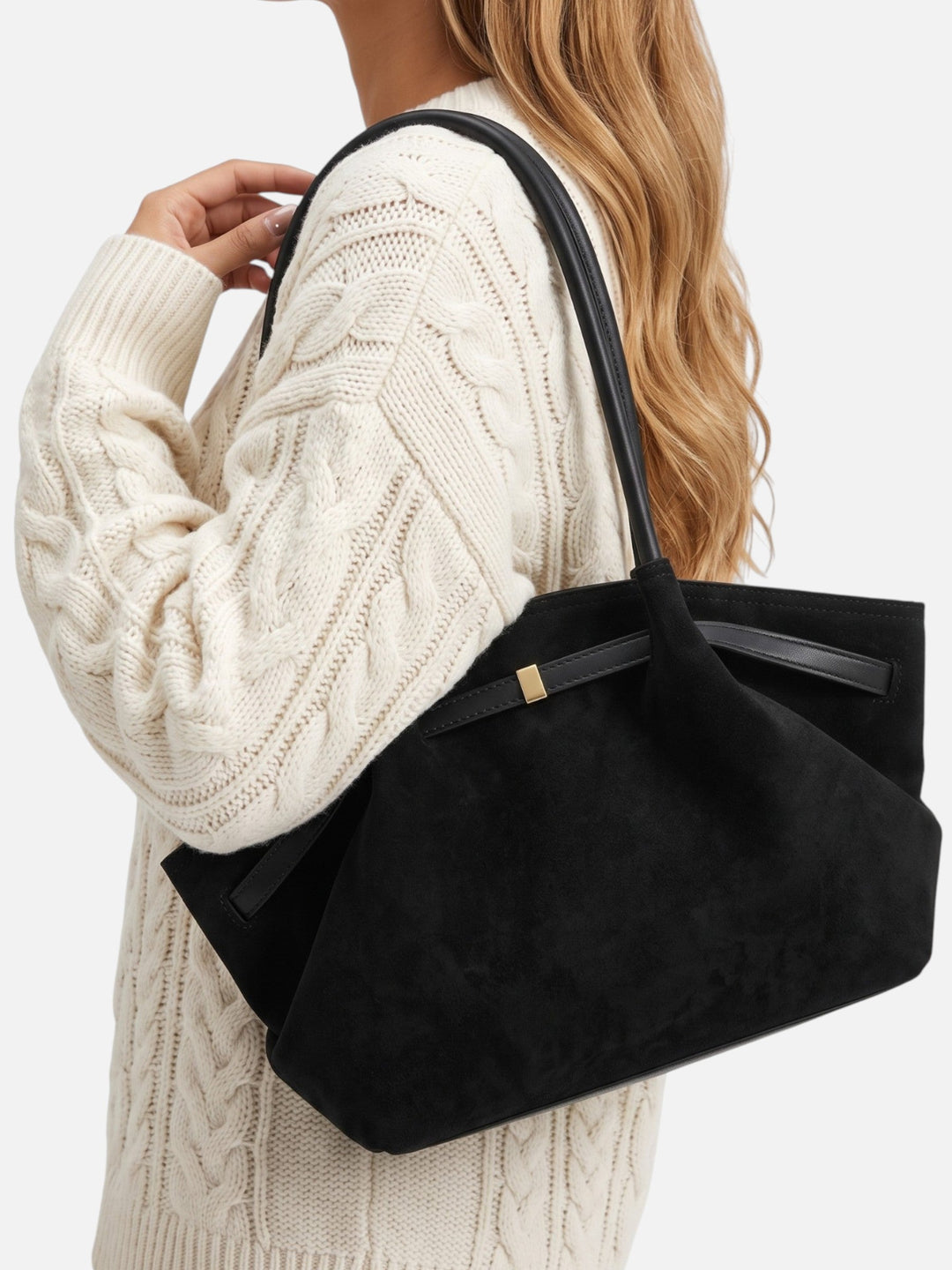 Women's Faux Suede Shoulder Tote Bag with Belt Detail