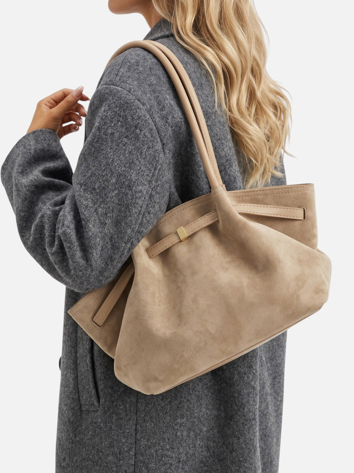 Women's Faux Suede Shoulder Tote Bag with Belt Detail