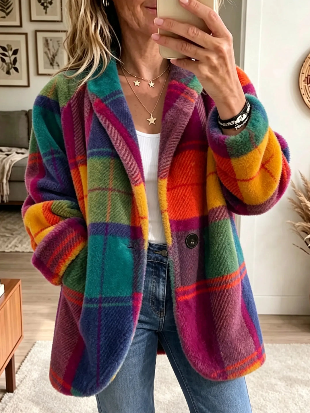 Women's checked coat with soft texture and pockets