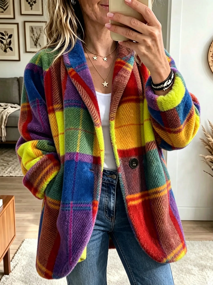 Women's checked coat with soft texture and pockets