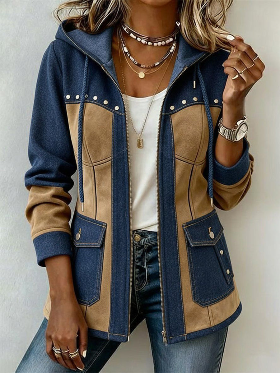 Women's Hooded Jacket with Pockets and Studs