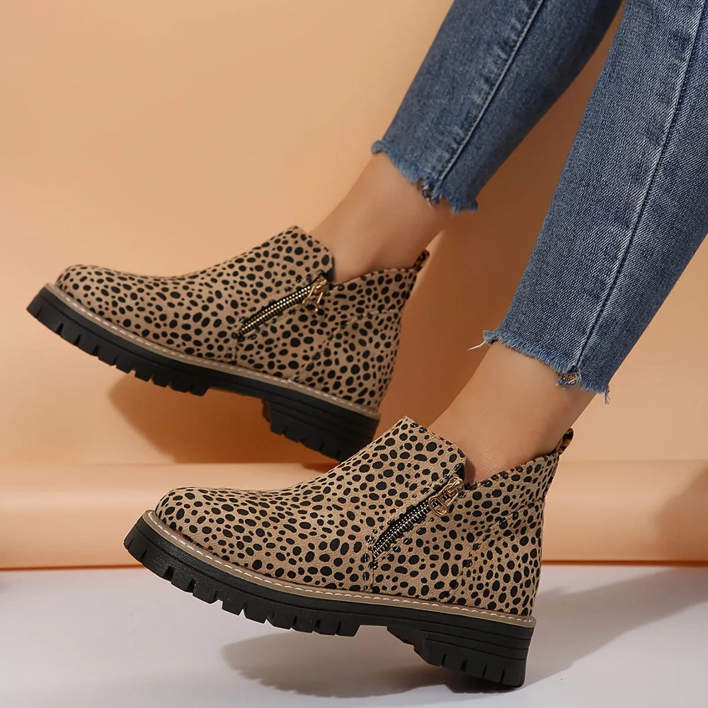 Leopard Print Suede Side-Zip Ankle Boots With Chunky Lug Sole