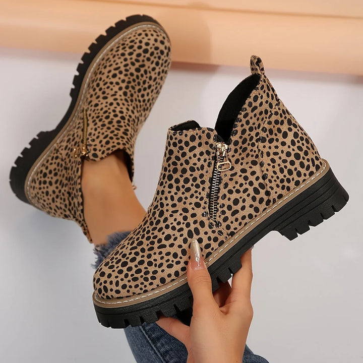 Leopard Print Suede Side-Zip Ankle Boots With Chunky Lug Sole