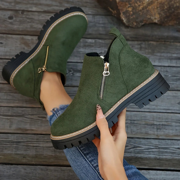 Leopard Print Suede Side-Zip Ankle Boots With Chunky Lug Sole