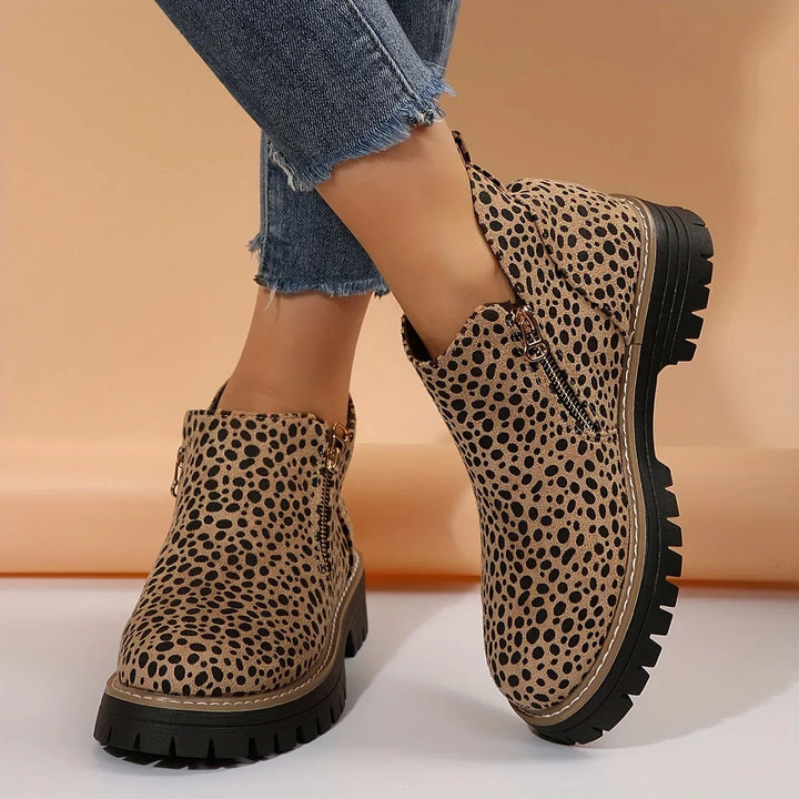 Leopard Print Suede Side-Zip Ankle Boots With Chunky Lug Sole