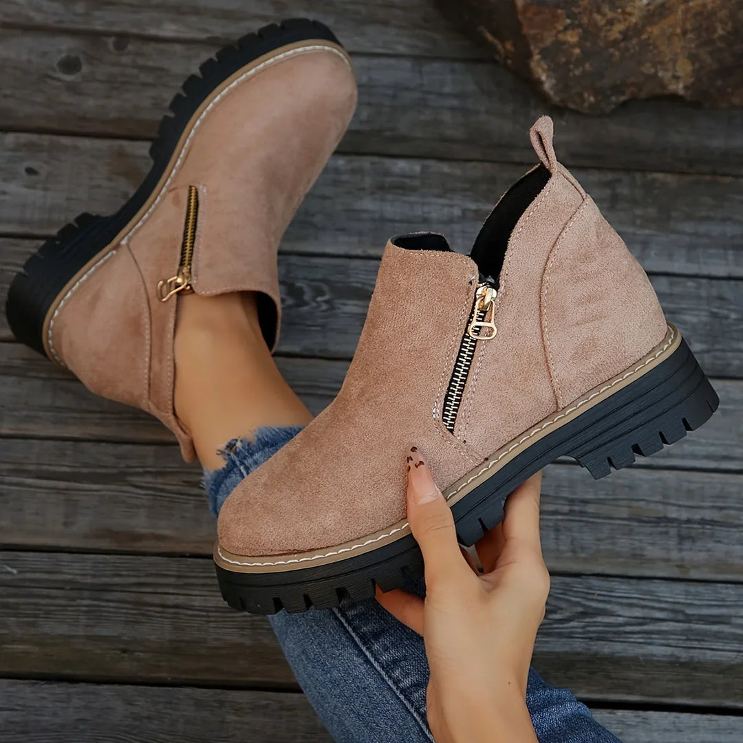 Leopard Print Suede Side-Zip Ankle Boots With Chunky Lug Sole
