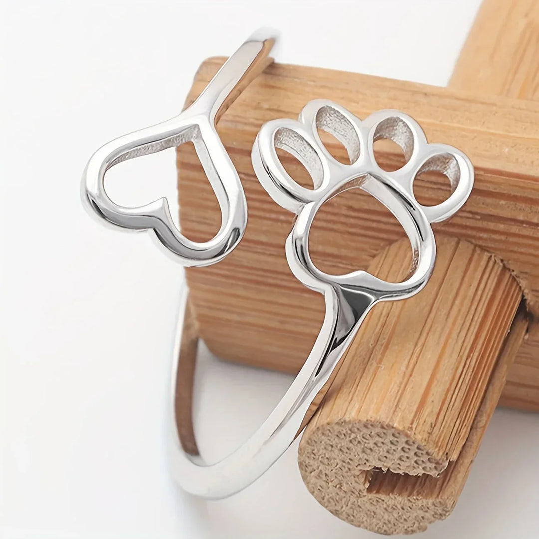 Handmade Paw & Heart Ring – Adjustable Sterling Silver