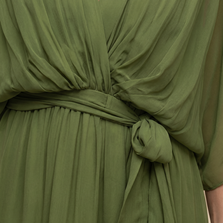 Women's Midi Wrap Dress with V-Neck and 3/4 Sleeves