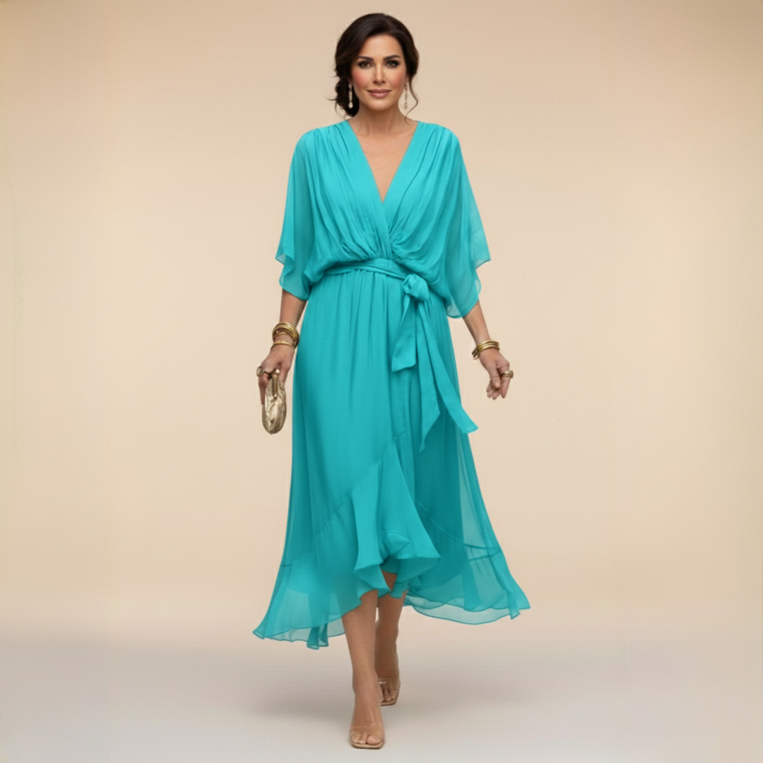 Women's Midi Wrap Dress with V-Neck and 3/4 Sleeves