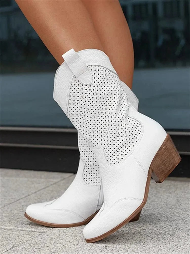 Perforated Block Heel Cowboy Boots